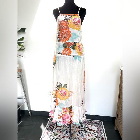 Anthropologie, Farm Rio maxi dress Havana floral, Pom-pom trim 100% cotton. Sz M - Picture 3 of 14